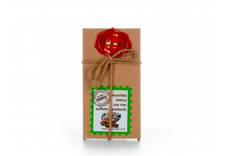 Tavoletta di cioccolato bianco con riso soffiato e pistacchi